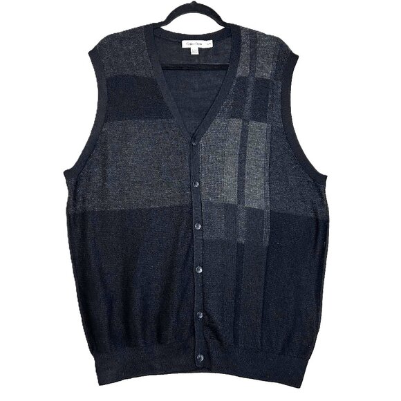 Calvin Klein Sweater Vest Men's XL Black/Gray Merino Wool Blend Striped Cardigan - Picture 1 of 8